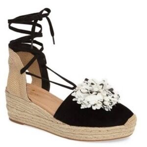 Kate Spade Lafayette Espadrille Wedge Women 7.5 Black Excellent Floral Ankle Tie